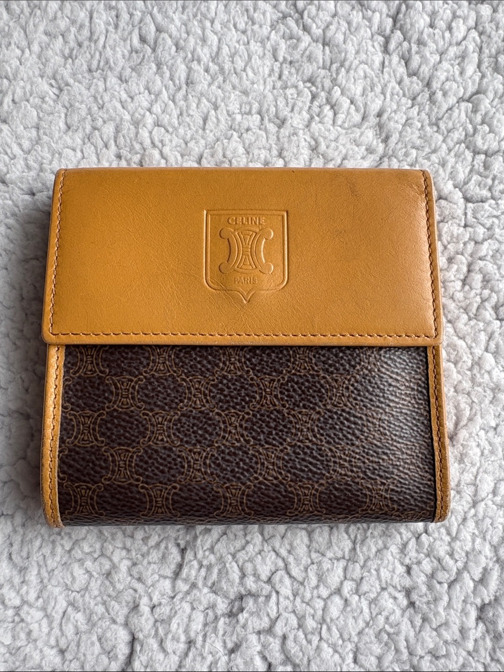 VTG Celine Macadam Triomphe Compact Wallet TwoTone CoatedCanvas CalfskinLeather